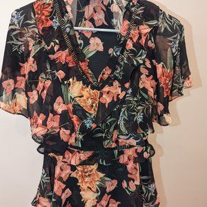 BEBE Black Chiffon Floral Top XXS